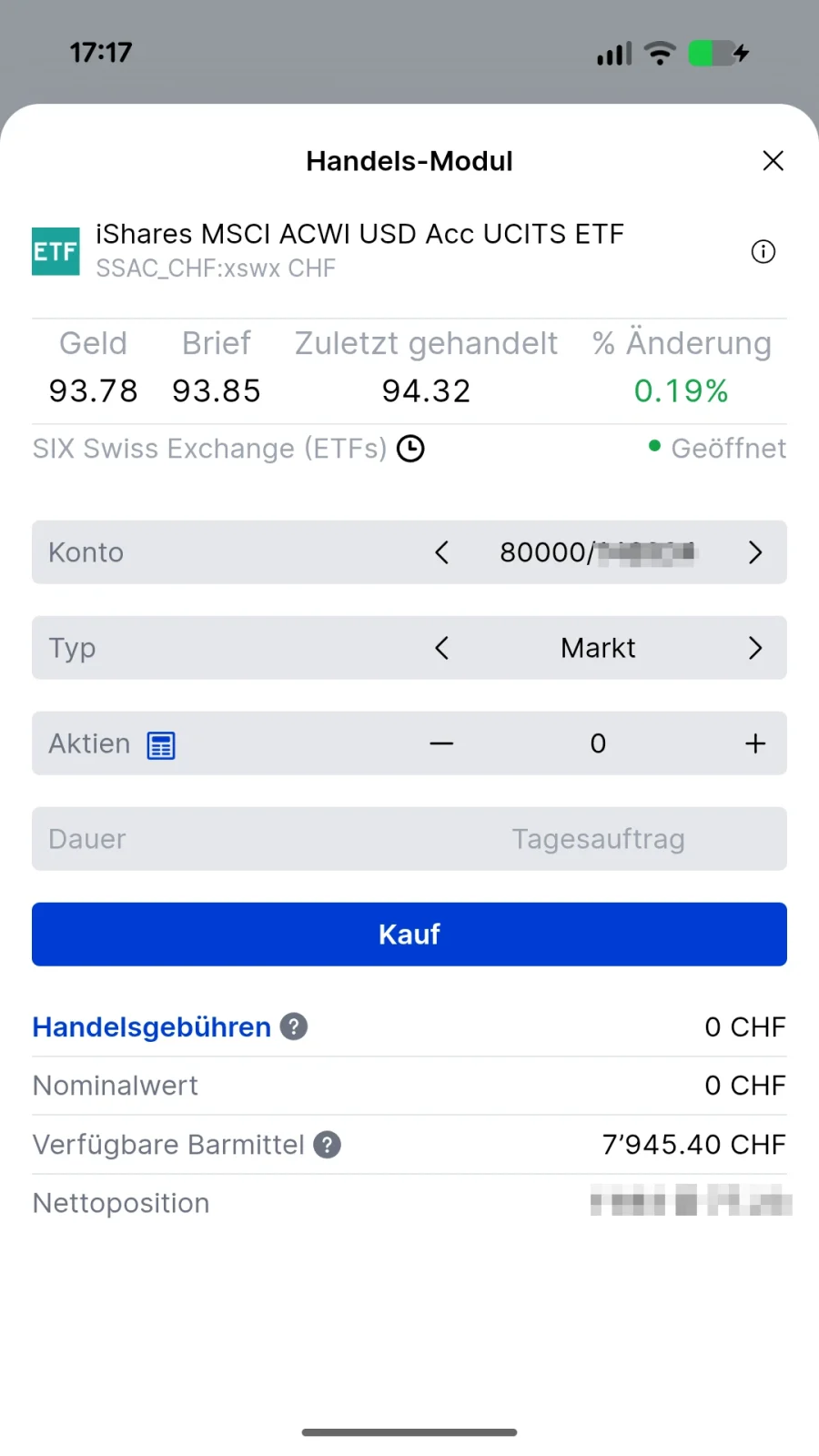 Handels-Modul mit aktivierter Markt-Order und Kaufoptionen in der SaxoInvestor App