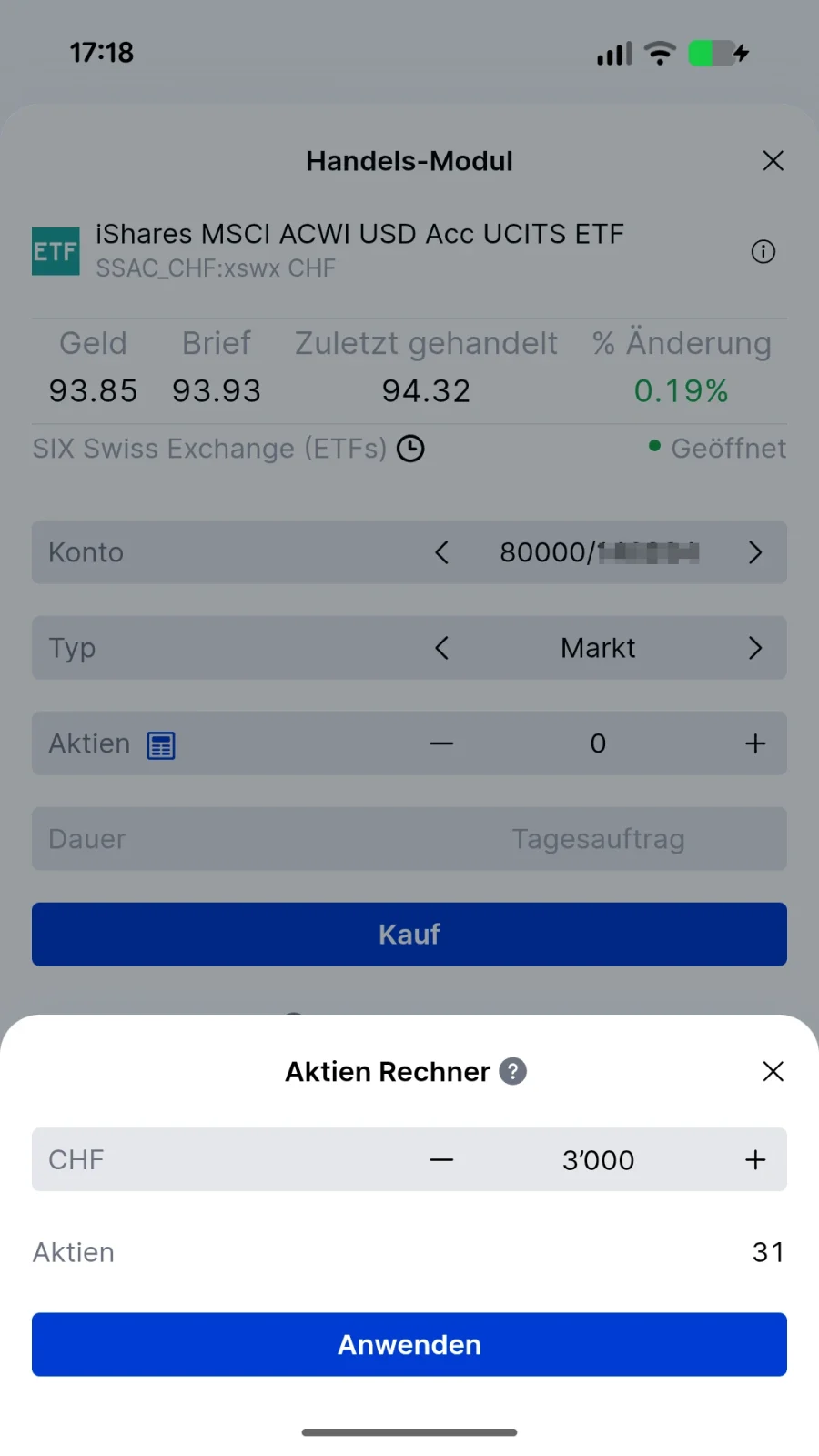Anzahl Anteile nach Umrechnung, Anwenden-Button