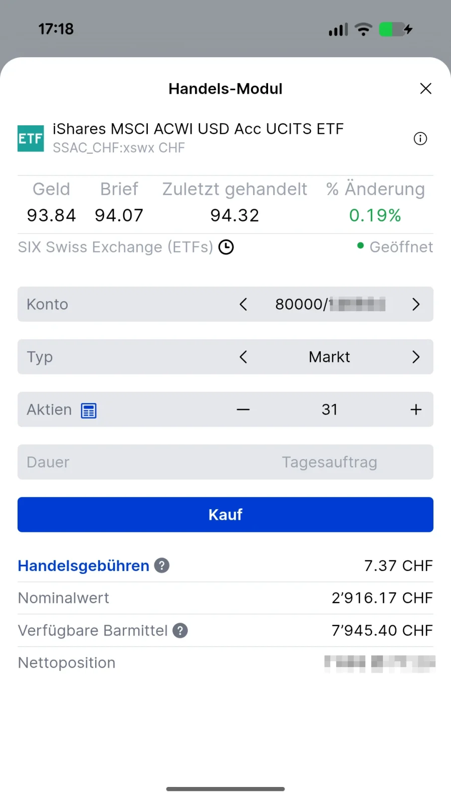 Handels-Modul mit Gebührenübersicht und Barmittel