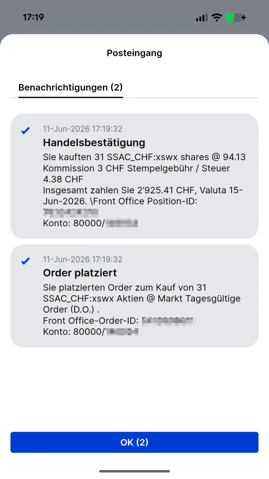 Orderbestätigung und Handelsbestätigung in der App