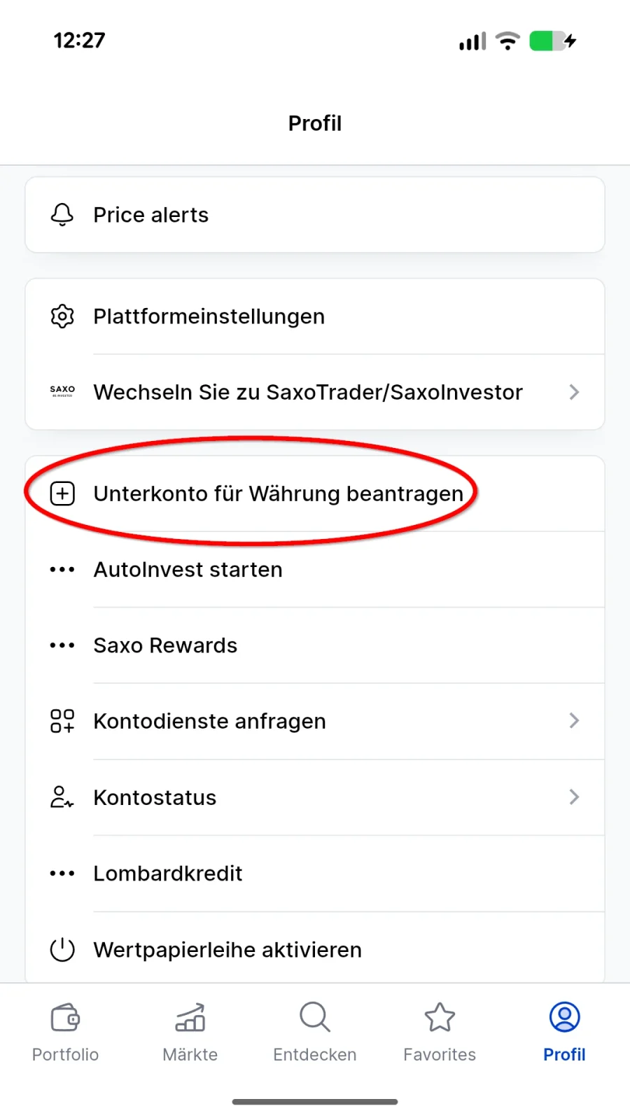 Menüpunkt Unterkonto für Währung beantragen