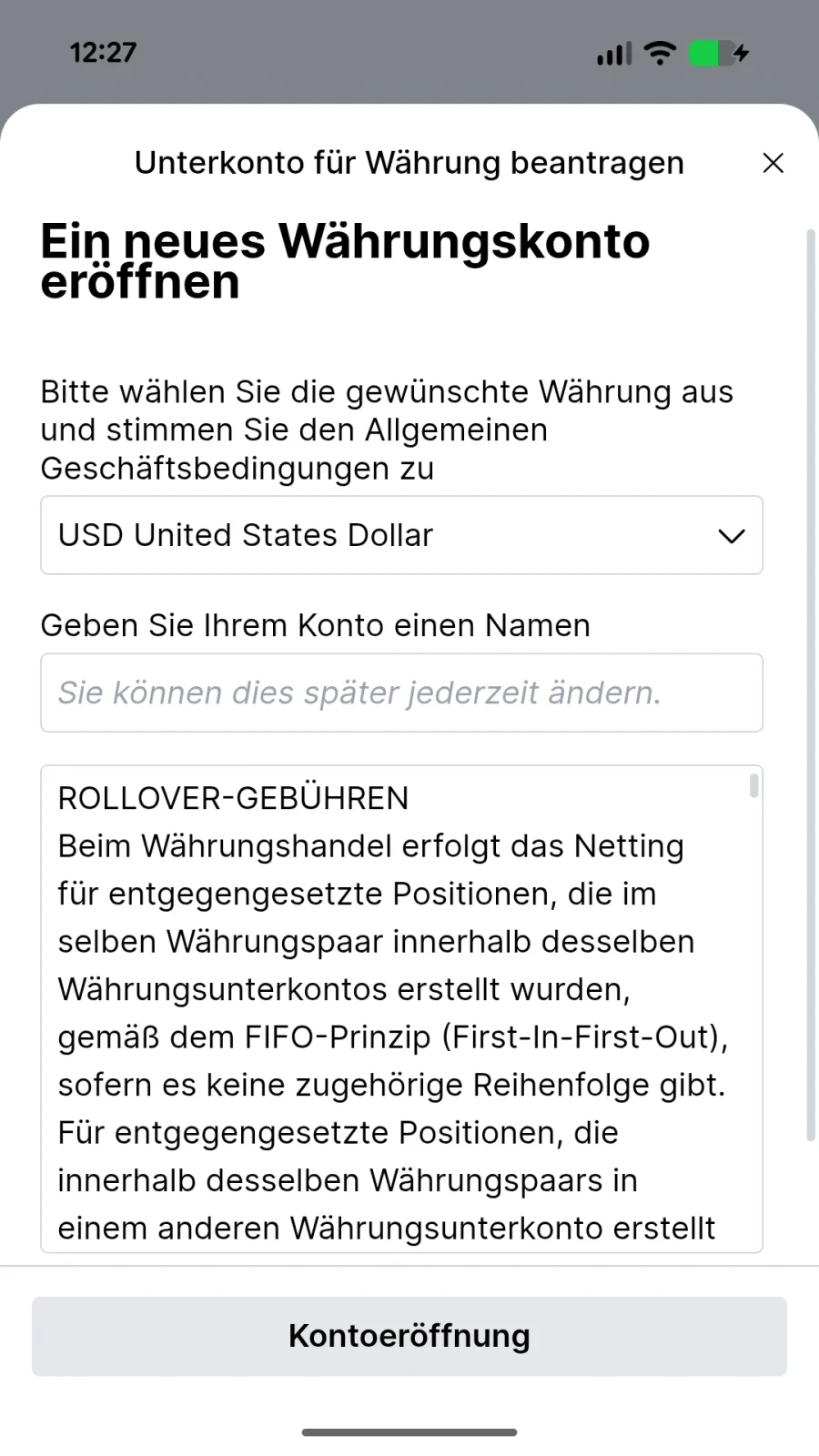 Formular zur Eröffnung eines Währungsunterkontos