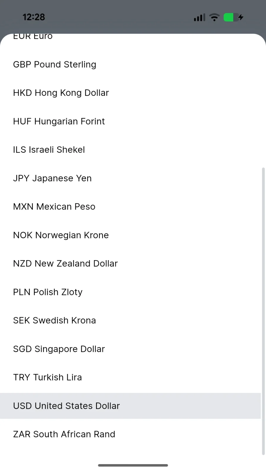 Währungsauswahl bei der Kontoeröffnung, USD gewählt