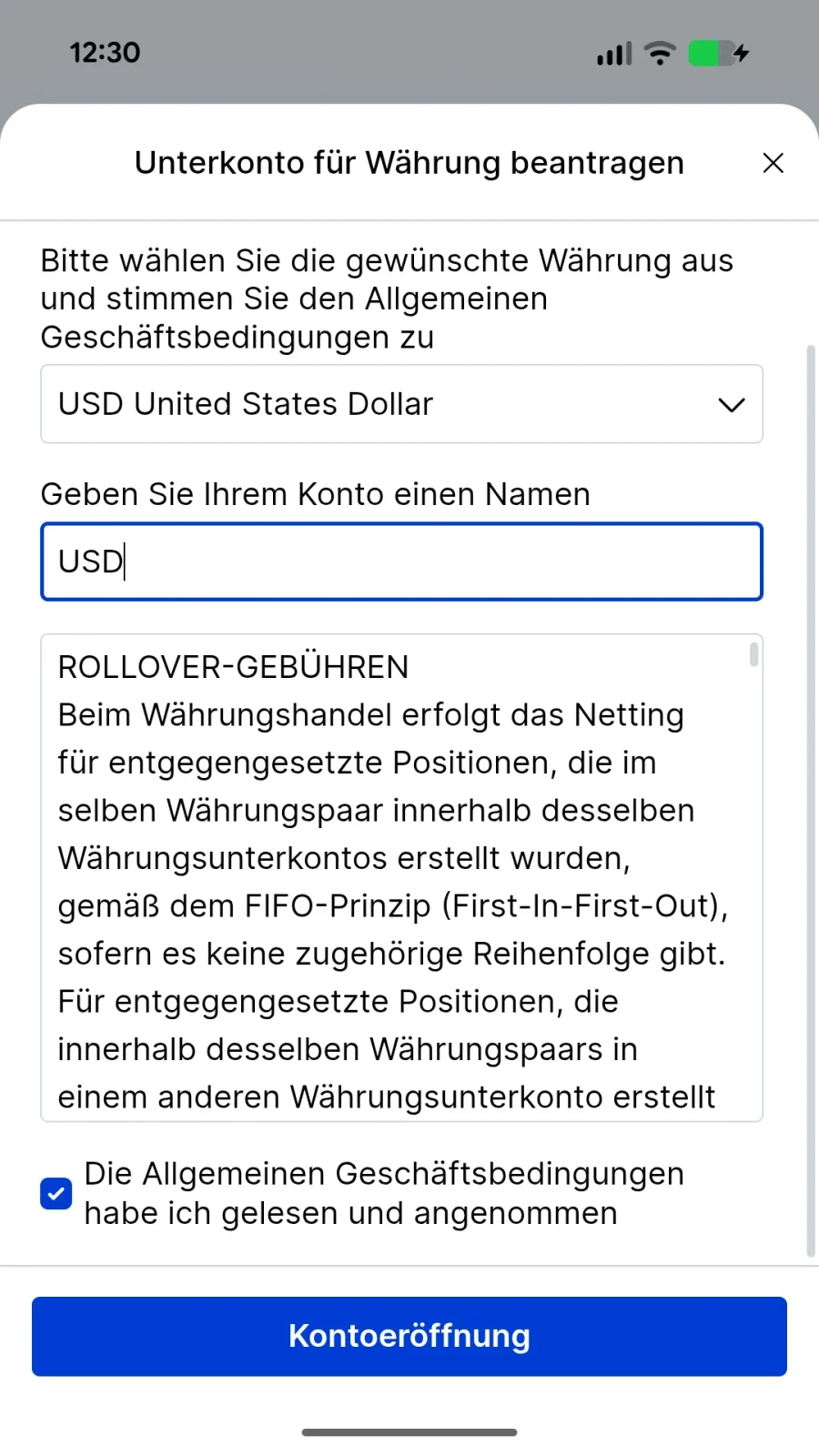 Kontoname eingeben und AGB akzeptieren