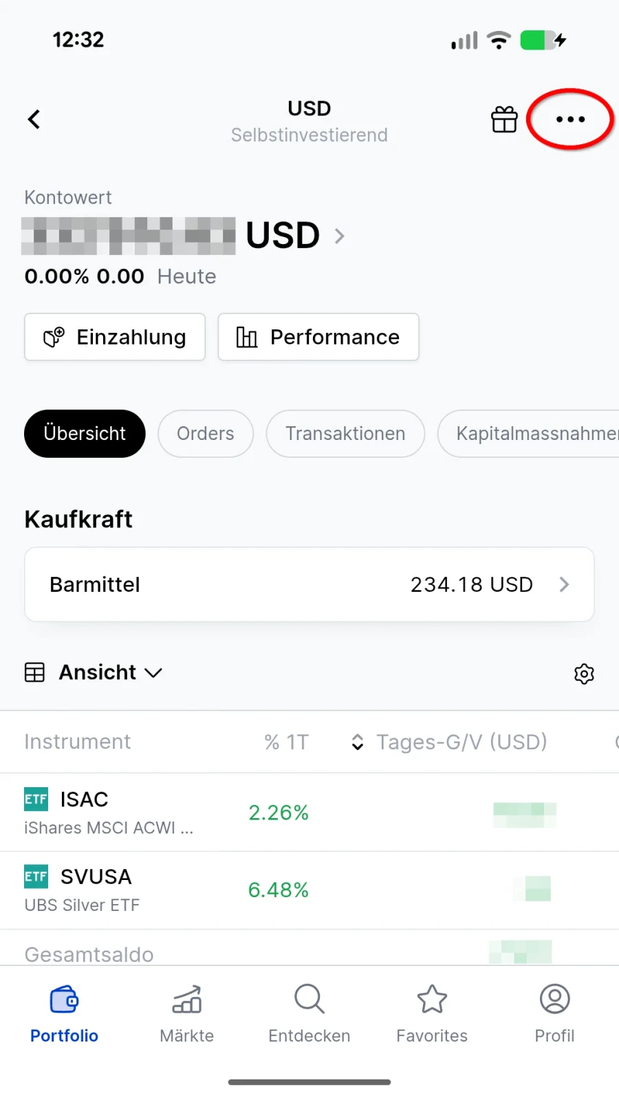 USD-Unterkonto in der Detailansicht mit Menu oben rechts