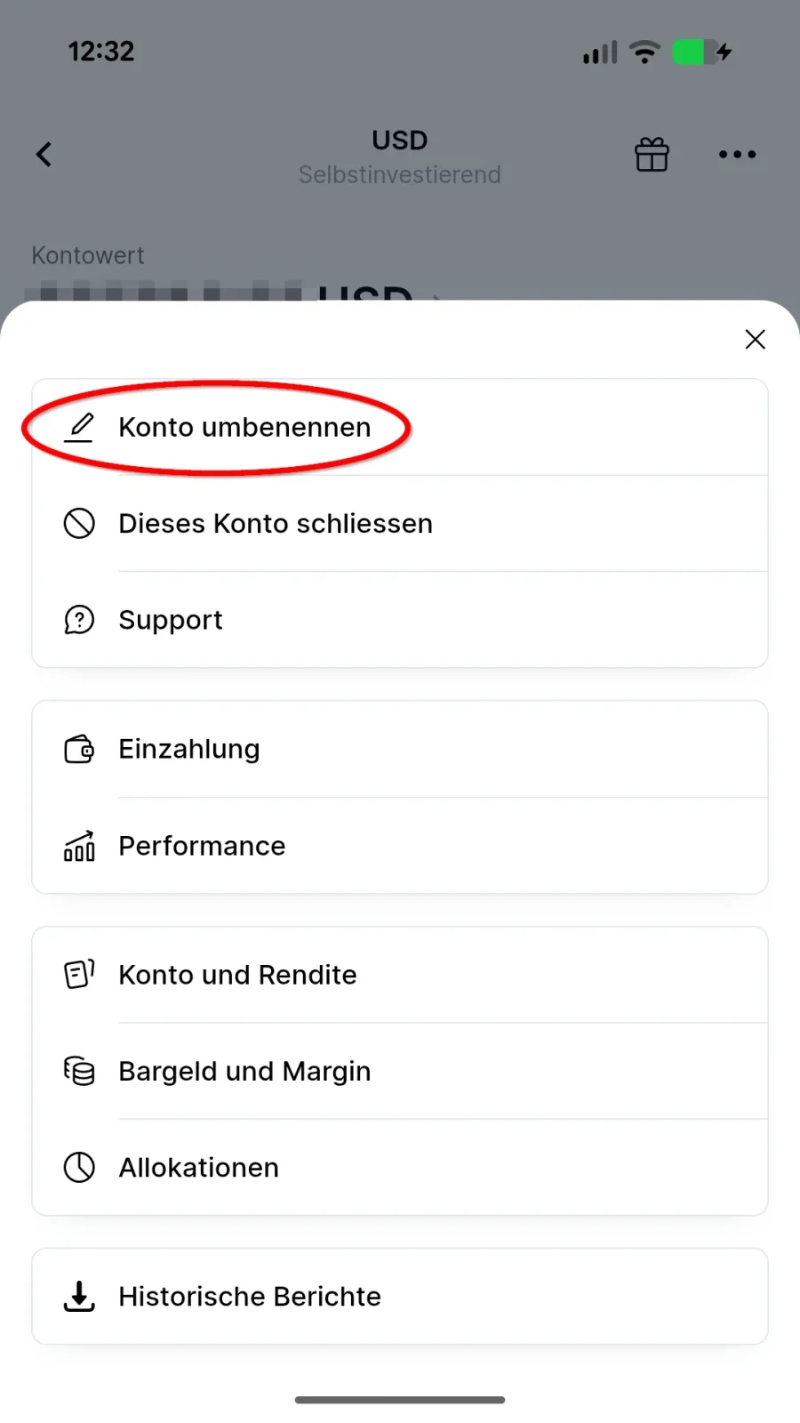 Menüoption Konto umbenennen