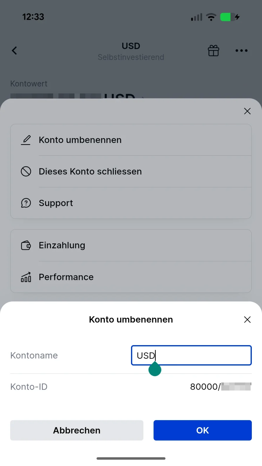 Neuen Kontonamen eingeben und bestätigen