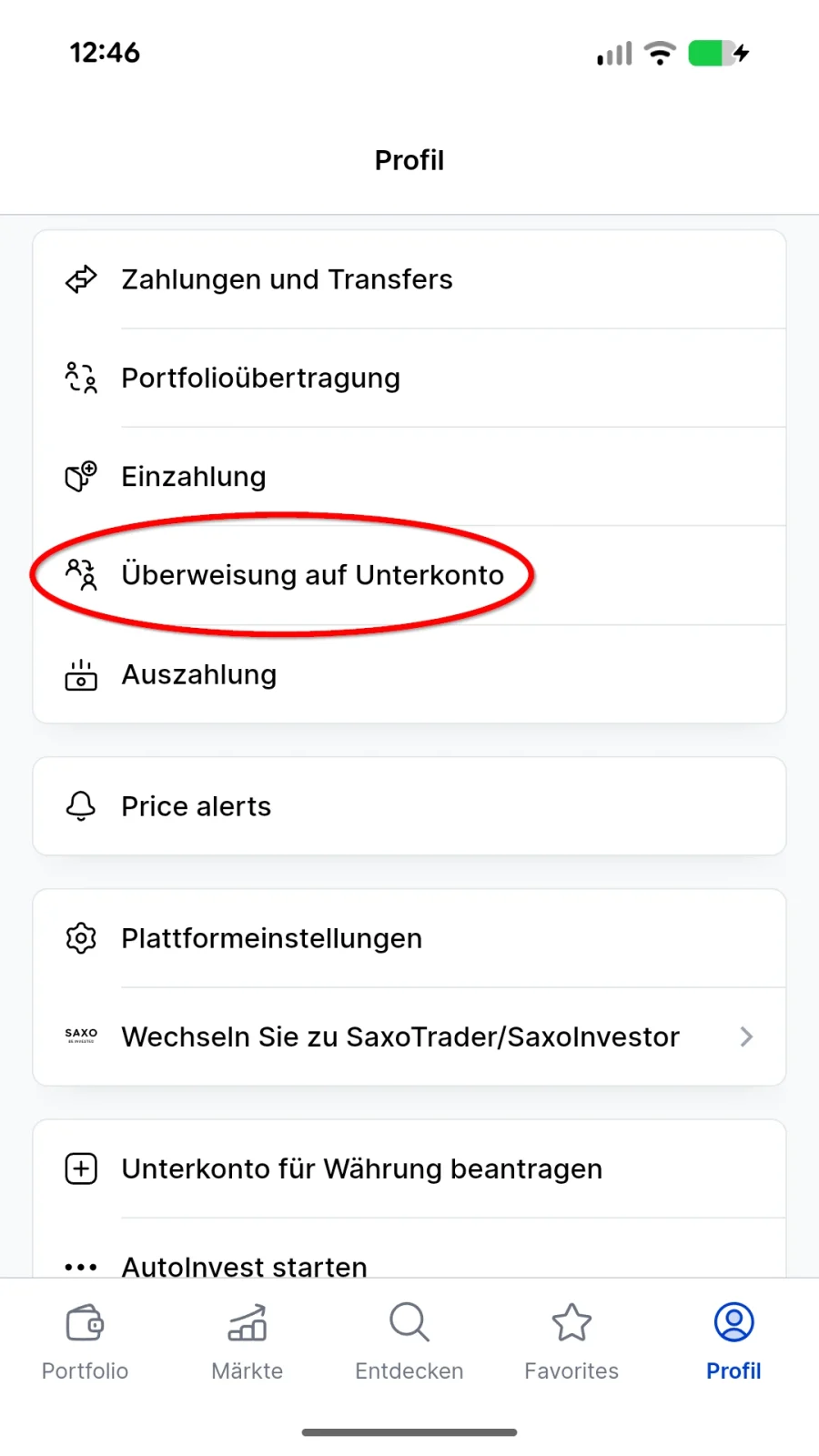 Menüpunkt Überweisung auf Unterkonto