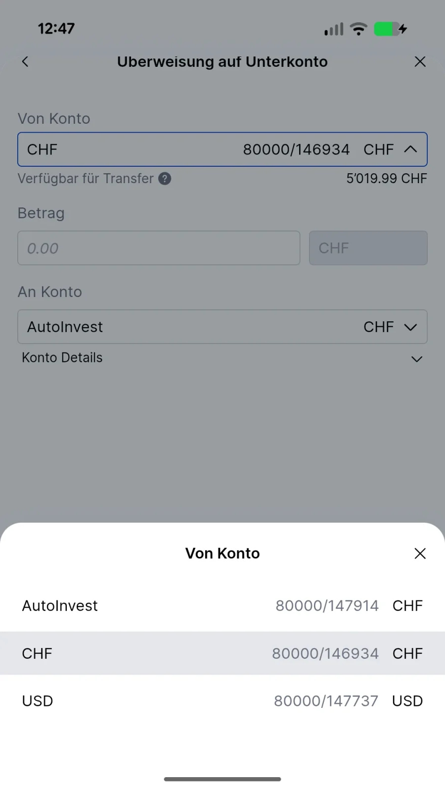 Von-Konto Auswahl, CHF-Konto gewählt